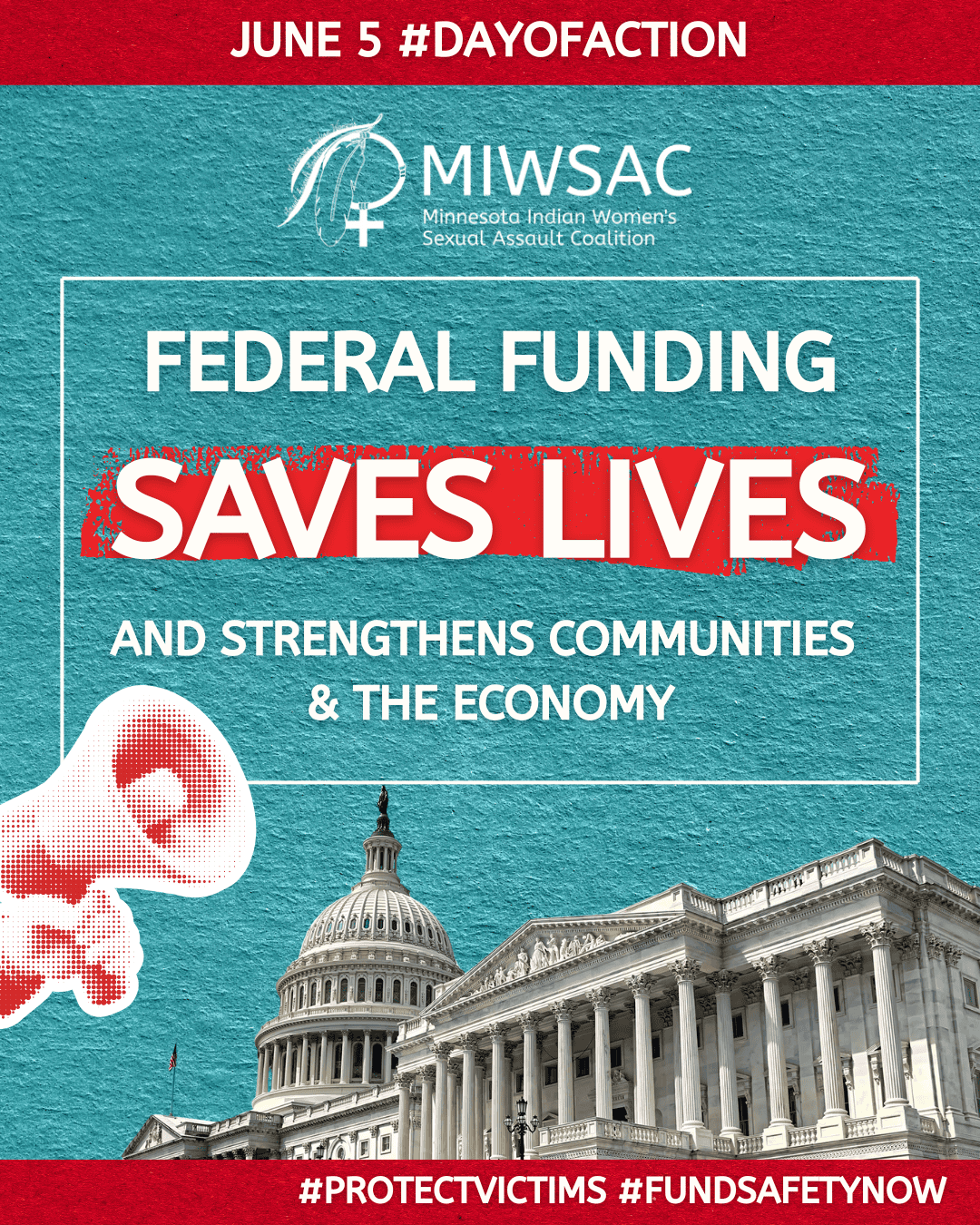 Federal Funding Saves Lives Text on teal background with red accents, image of the US capitol building